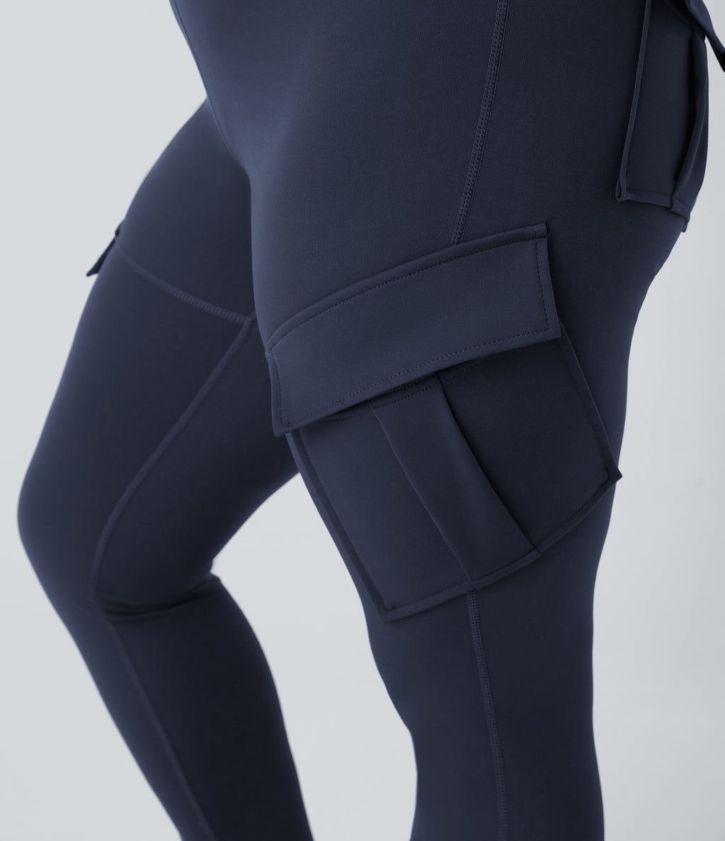 High Waisted Cargo Pocket Skinny Yoga Plus Size 7/8 Leggings — Midnight Blue — view 5