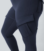 High Waisted Cargo Pocket Skinny Yoga Plus Size 7/8 Leggings — Midnight Blue — view 5