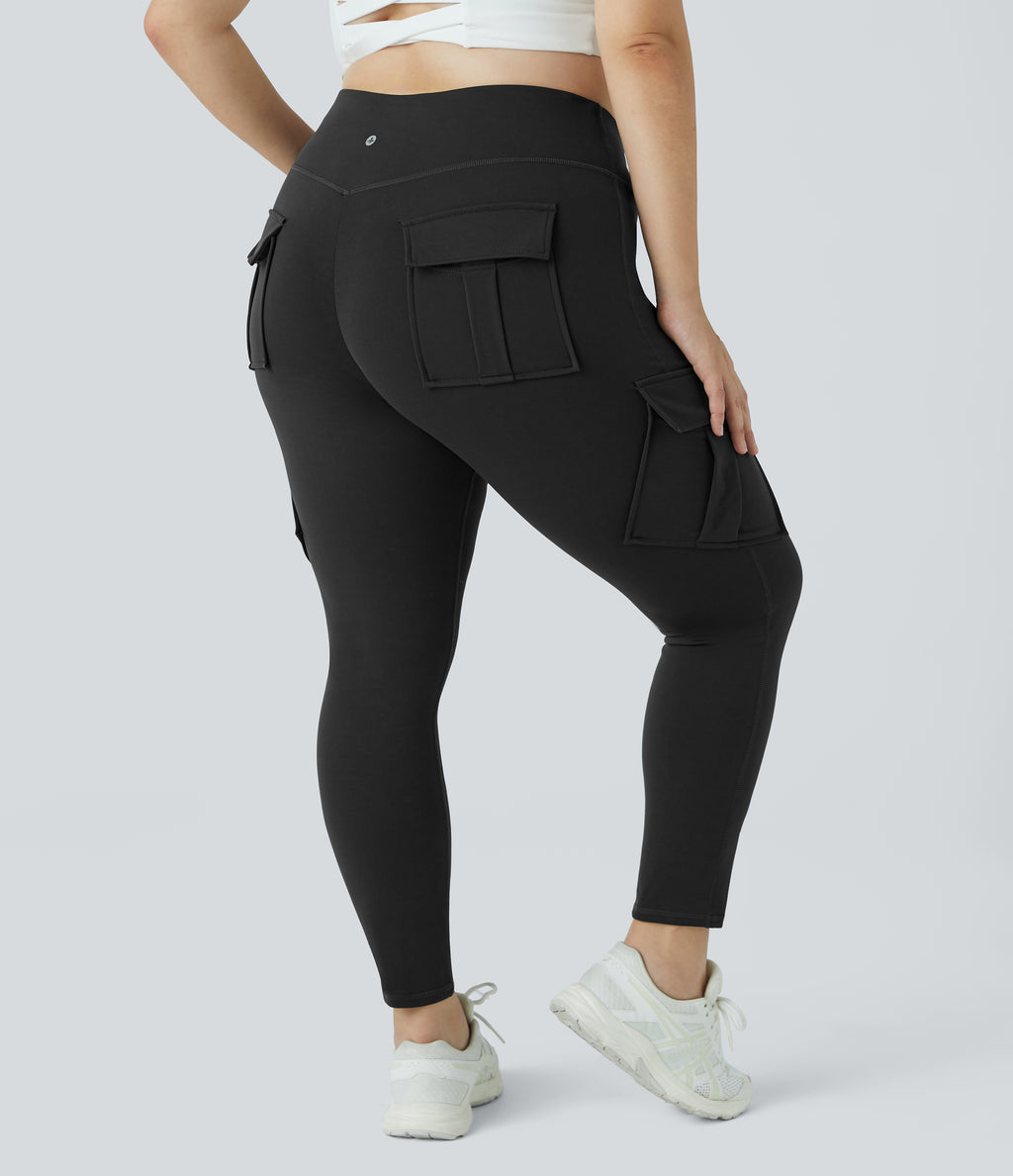High Waisted Cargo Pocket Skinny Yoga Plus Size 7/8 Leggings — Black — view 7