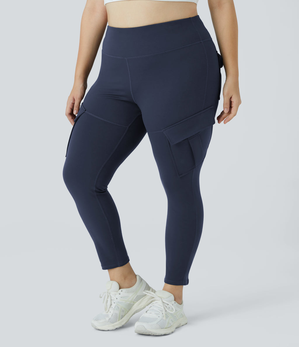 High Waisted Cargo Pocket Skinny Yoga Plus Size 7/8 Leggings — Midnight Blue — view 3