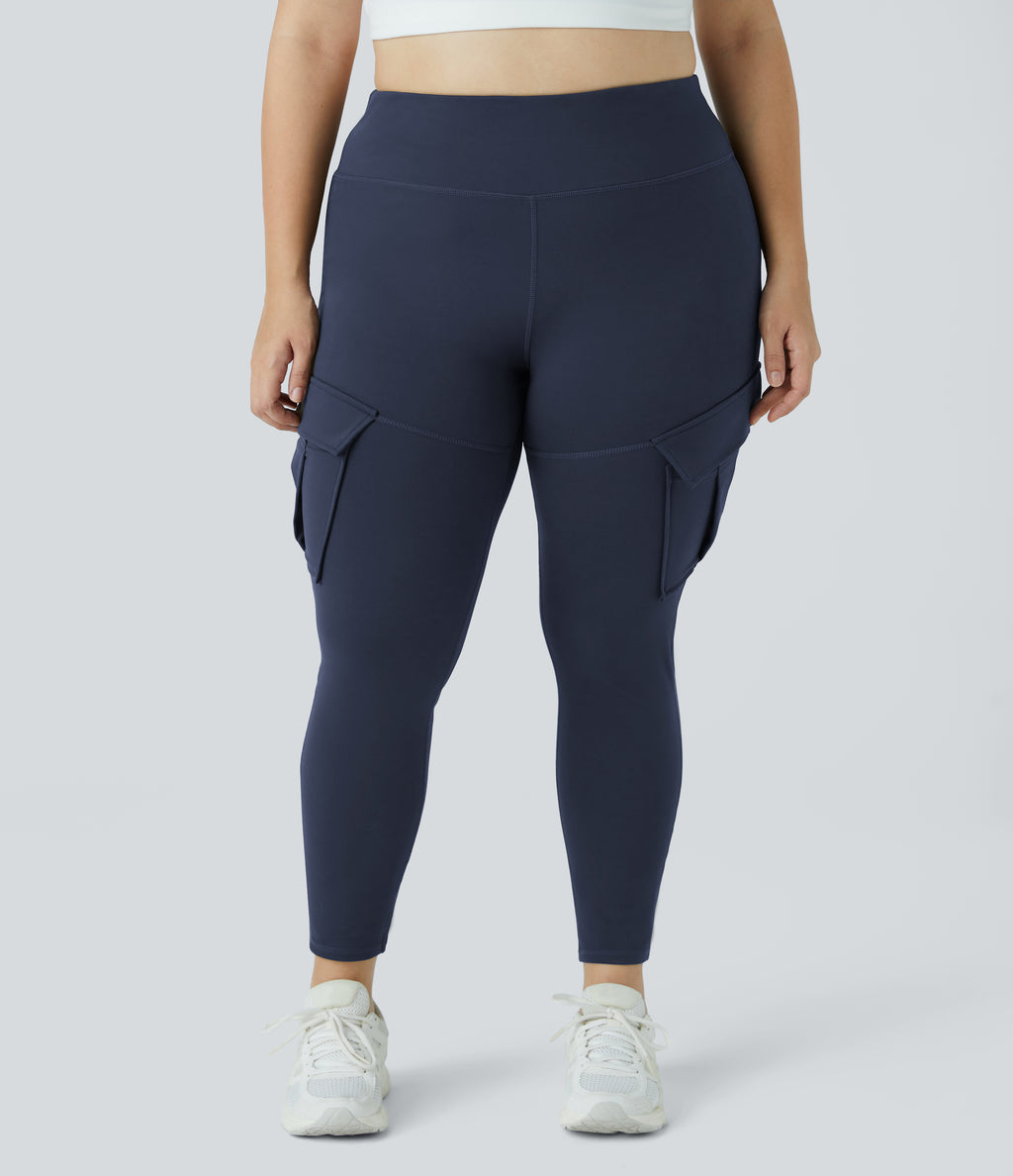 High Waisted Cargo Pocket Skinny Yoga Plus Size 7/8 Leggings — Midnight Blue — view 2