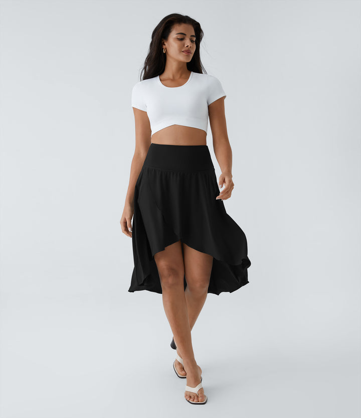 High Waisted Asymmetric Ruffle High Low Flowy 2-in-1 Quick Dry Dance Skirt — Black — view 1