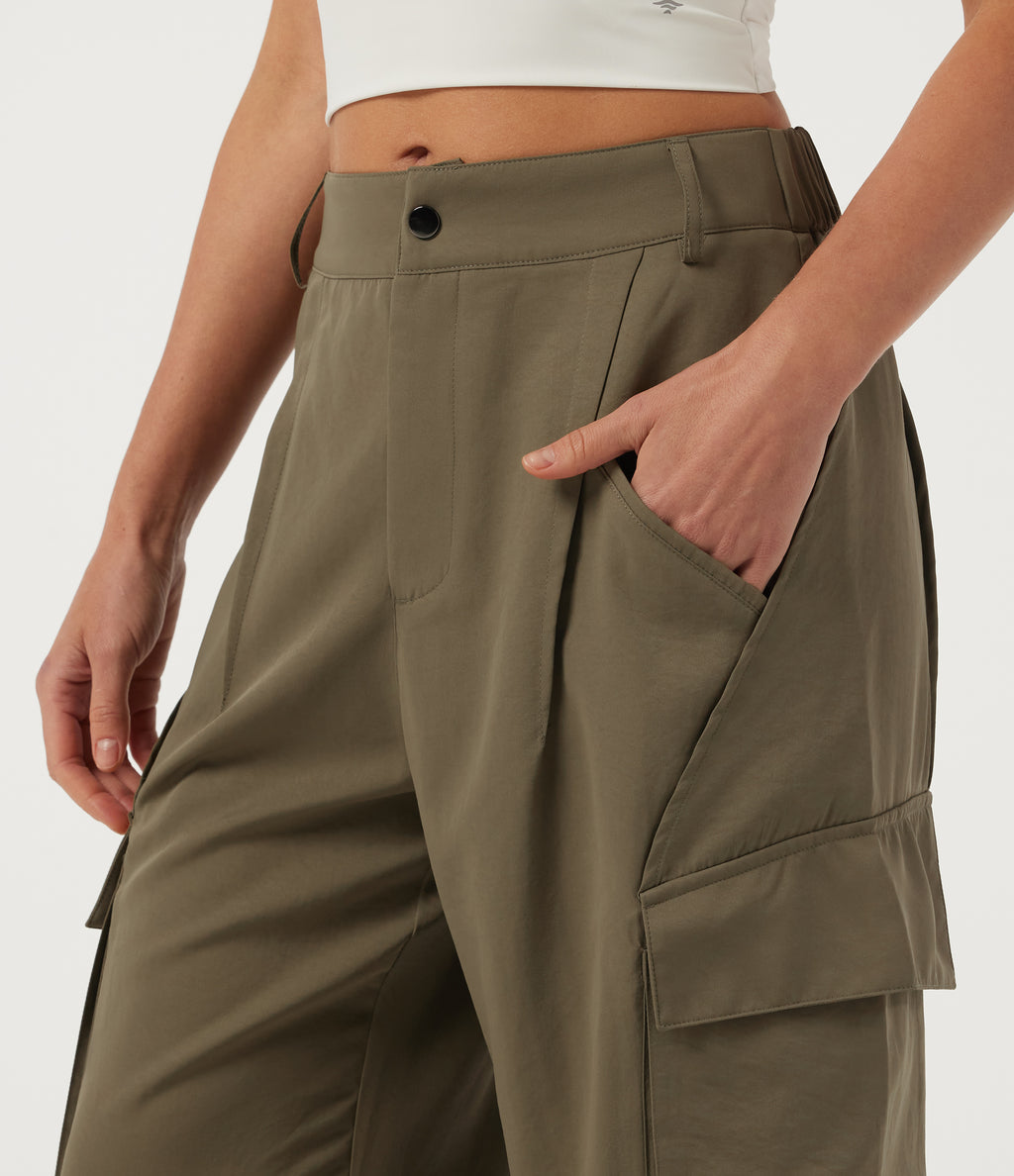 Mid Rise Button Zipper Side Pocket Wide Leg Baggy Casual Cargo Pants — Ivy Green — view 4