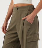 Mid Rise Button Zipper Side Pocket Wide Leg Baggy Casual Cargo Pants — Ivy Green — view 4