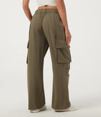 Mid Rise Button Zipper Side Pocket Wide Leg Baggy Casual Cargo Pants — Ivy Green — view 2