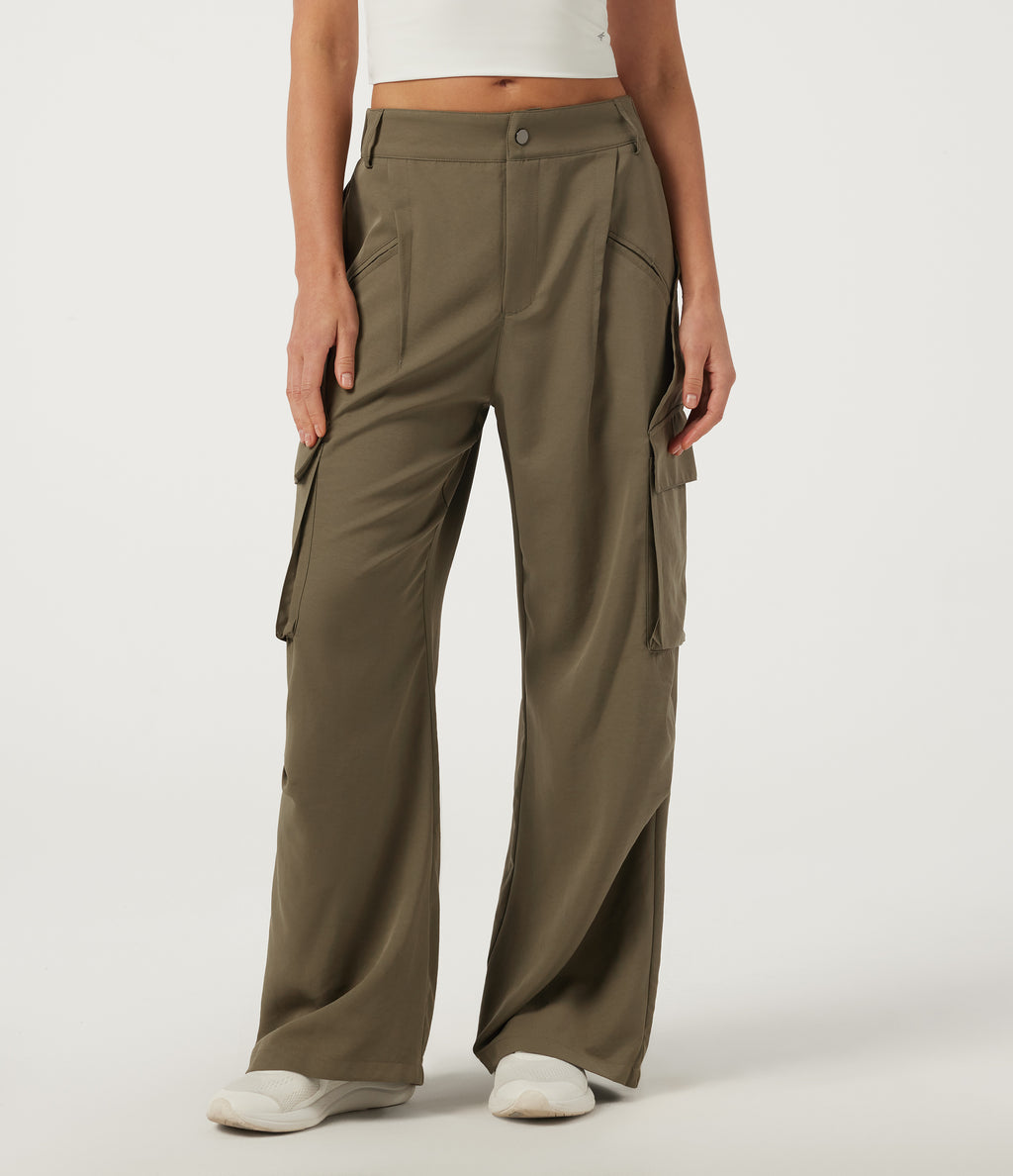 Mid Rise Button Zipper Side Pocket Wide Leg Baggy Casual Cargo Pants — Ivy Green — view 1