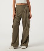 Mid Rise Button Zipper Side Pocket Wide Leg Baggy Casual Cargo Pants — Ivy Green — view 1