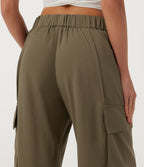 Mid Rise Button Zipper Side Pocket Wide Leg Baggy Casual Cargo Pants — Ivy Green — view 5