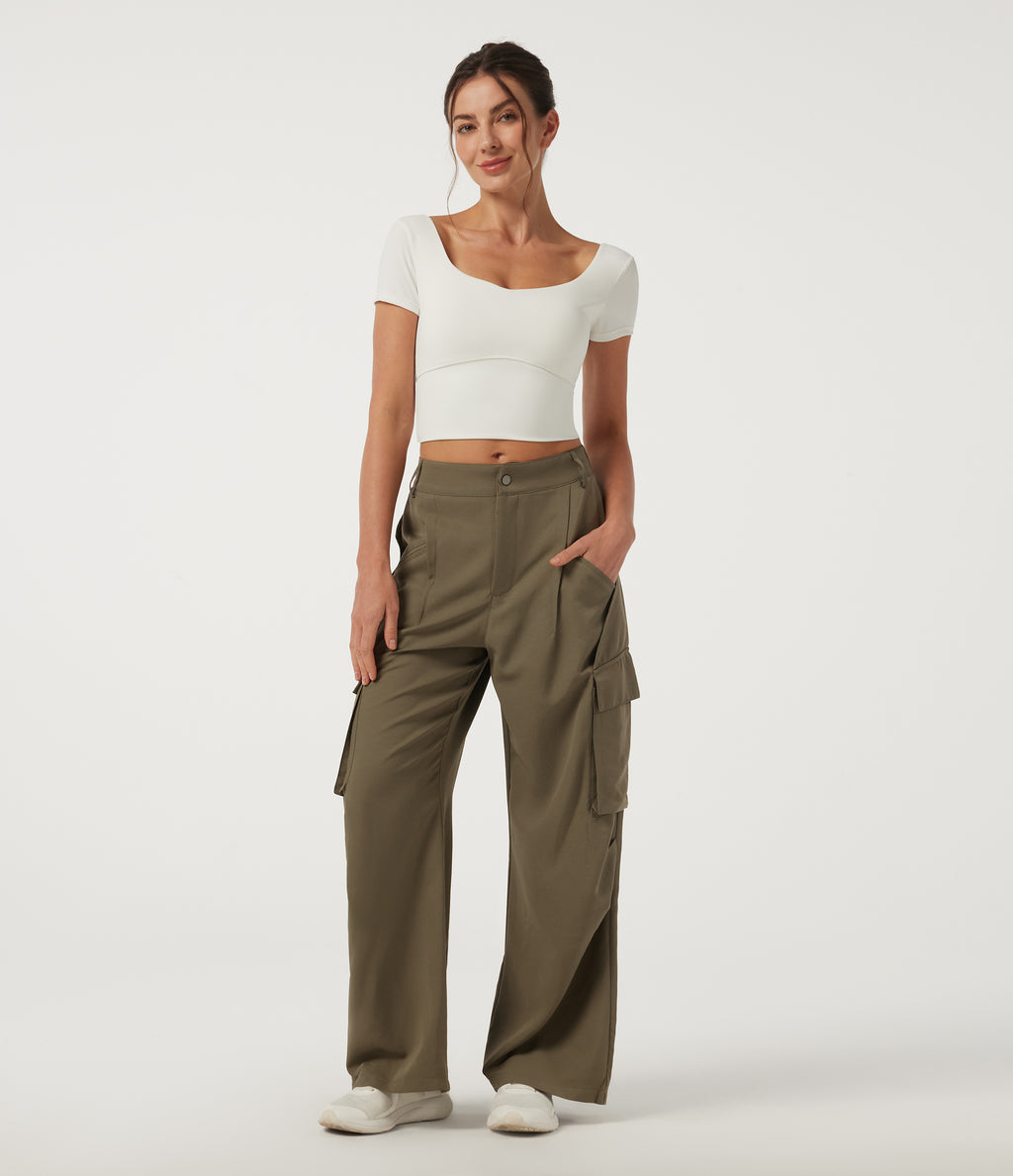 Mid Rise Button Zipper Side Pocket Wide Leg Baggy Casual Cargo Pants — Ivy Green — view 7