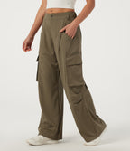 Mid Rise Button Zipper Side Pocket Wide Leg Baggy Casual Cargo Pants — Ivy Green — view 3