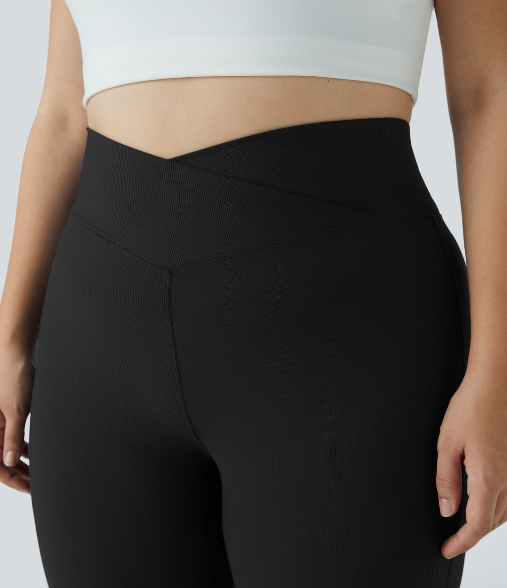 Flow Pet Hair Resistant Crossover High Waisted Back Pocket Plus Size Super Flared Leggings — Black — view 4