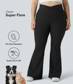 Flow Pet Hair Resistant Crossover High Waisted Back Pocket Plus Size Super Flared Leggings — Black — view 1