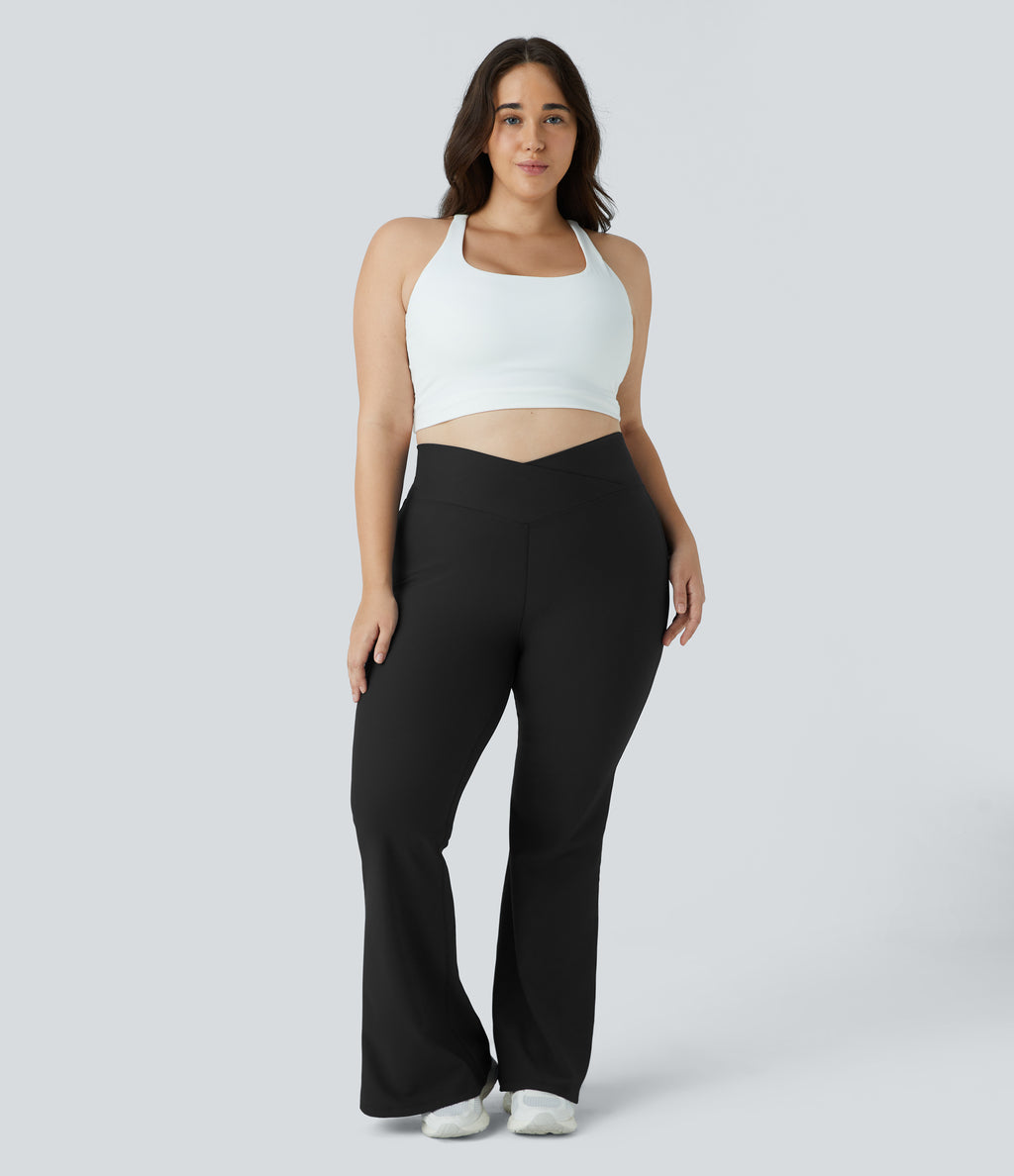 Flow Pet Hair Resistant Crossover High Waisted Back Pocket Plus Size Super Flared Leggings — Black — view 6