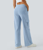 Mid Rise Pockets Straight Leg Casual Cargo Jeans — Denim Cyan Blue — view 6