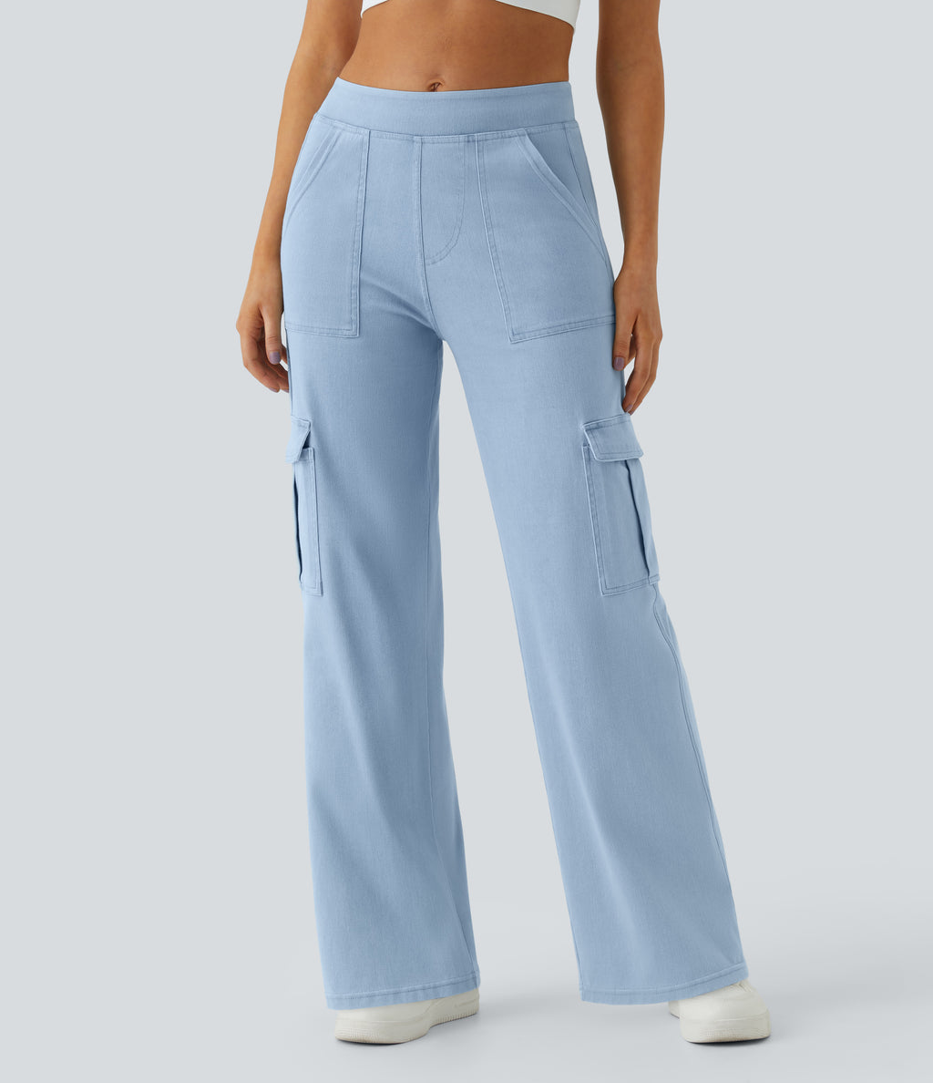 Mid Rise Pockets Straight Leg Casual Cargo Jeans — Denim Cyan Blue — view 7