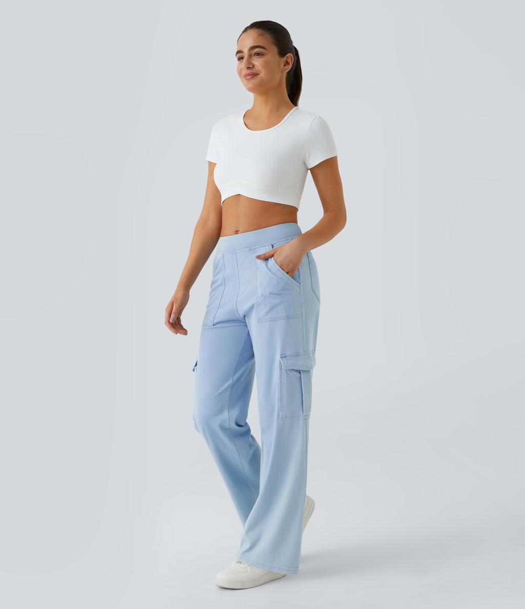 Mid Rise Pockets Straight Leg Casual Cargo Jeans — Denim Cyan Blue — view 5
