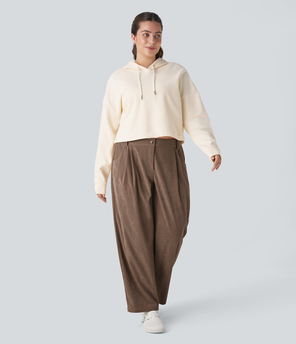 Mid Rise Zipper Pocket Plus Size Corduroy Casual Trousers — Acorn — view 1