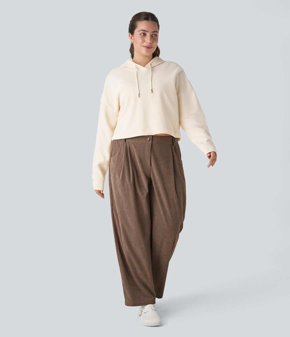 Mid Rise Zipper Pocket Plus Size Corduroy Casual Trousers — Acorn — view 1