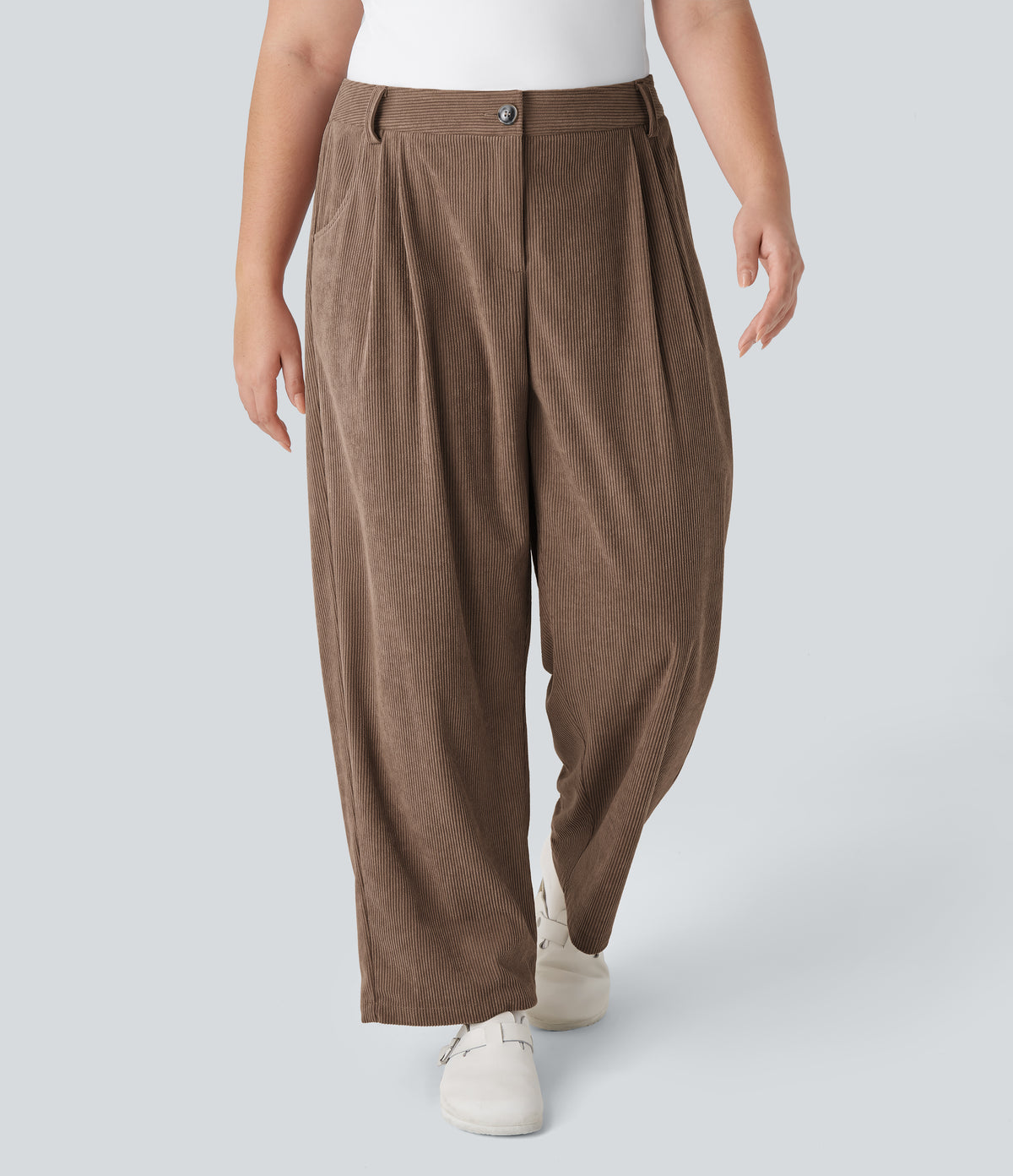 Mid Rise Zipper Pocket Plus Size Corduroy Casual Trousers — Acorn — view 2