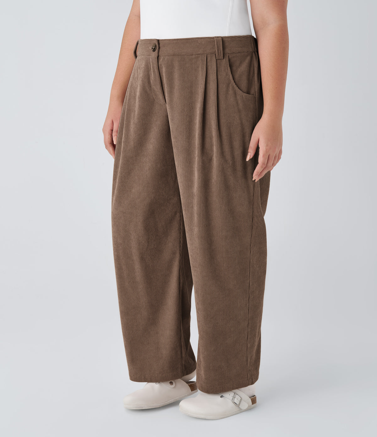 Mid Rise Zipper Pocket Plus Size Corduroy Casual Trousers — Acorn — view 4