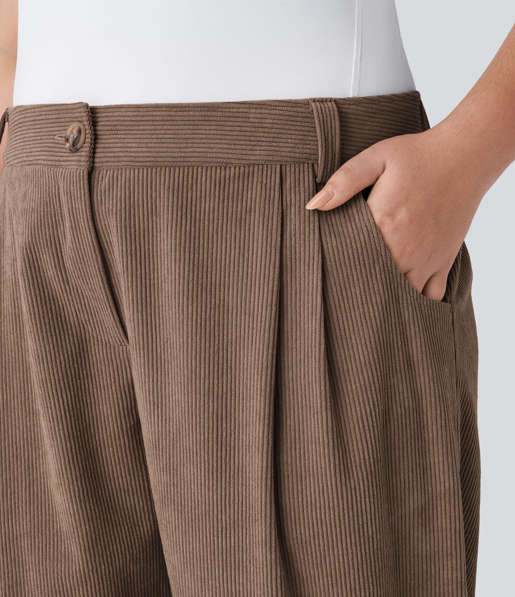 Mid Rise Zipper Pocket Plus Size Corduroy Casual Trousers — Acorn — view 5