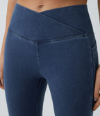 Crossover Pocket Washed Denim Work Leggings — Washed Denim Bleached Blue — view 8