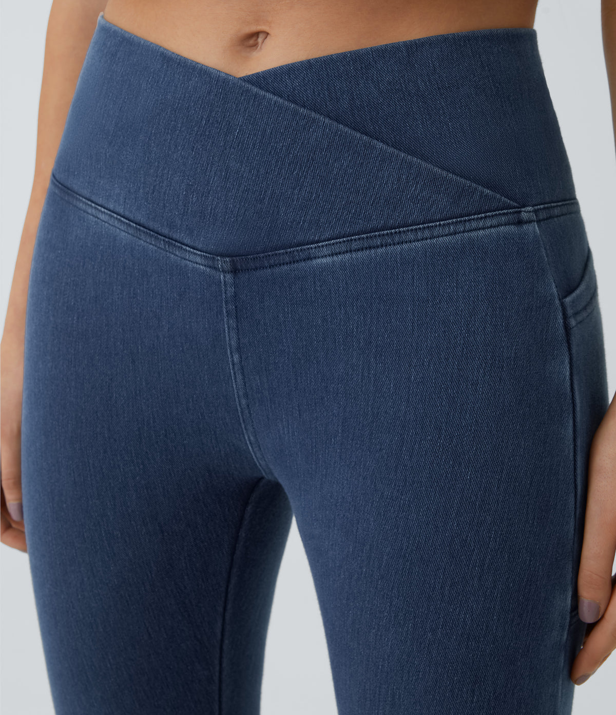 Crossover Pocket Washed Denim Work Leggings — Washed Denim Bleached Blue — view 8