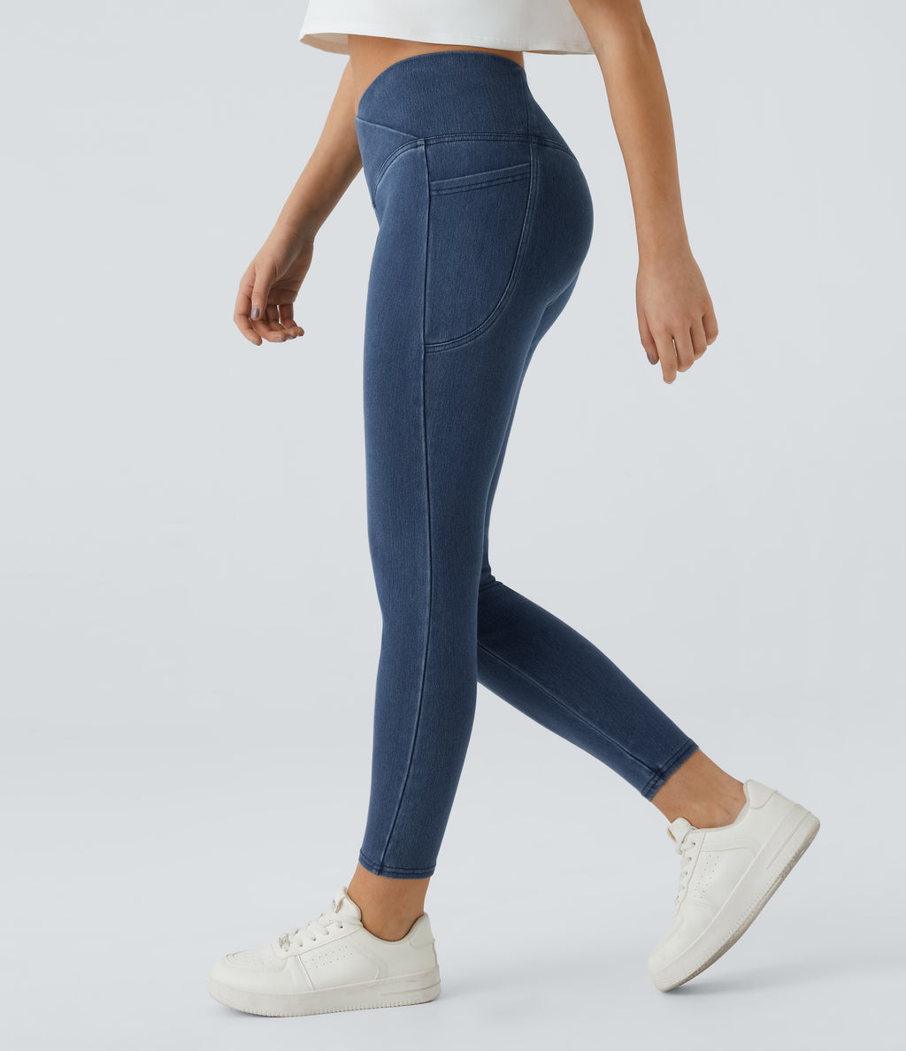 Crossover Pocket Washed Denim Work Leggings — Washed Denim Bleached Blue — view 1