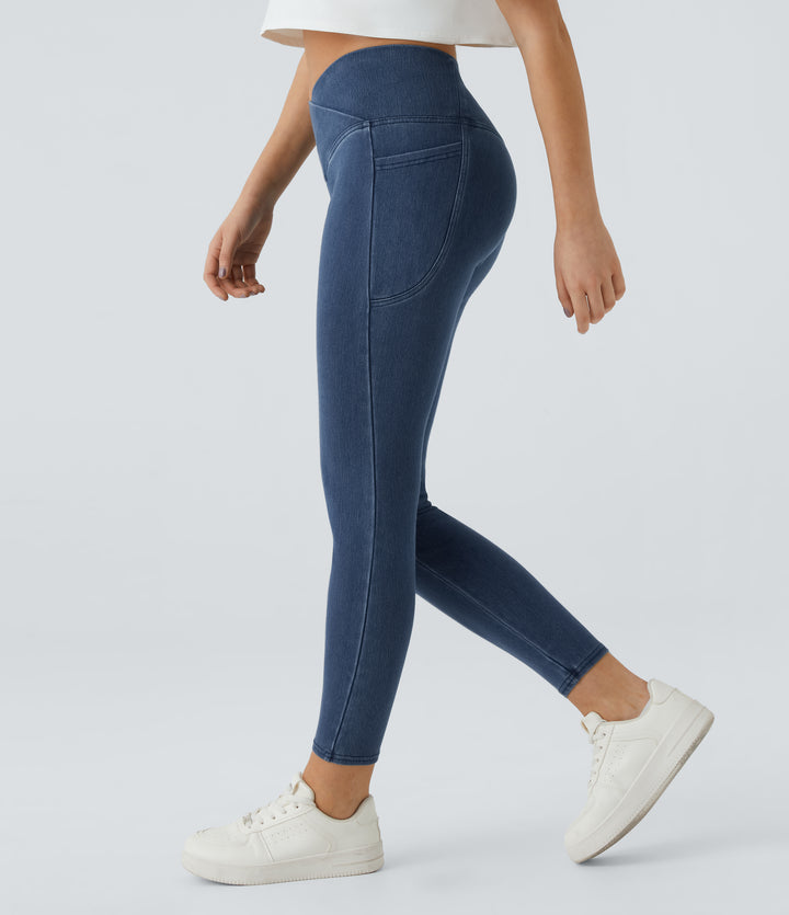 Crossover Pocket Washed Denim Work Leggings — Washed Denim Bleached Blue — view 1