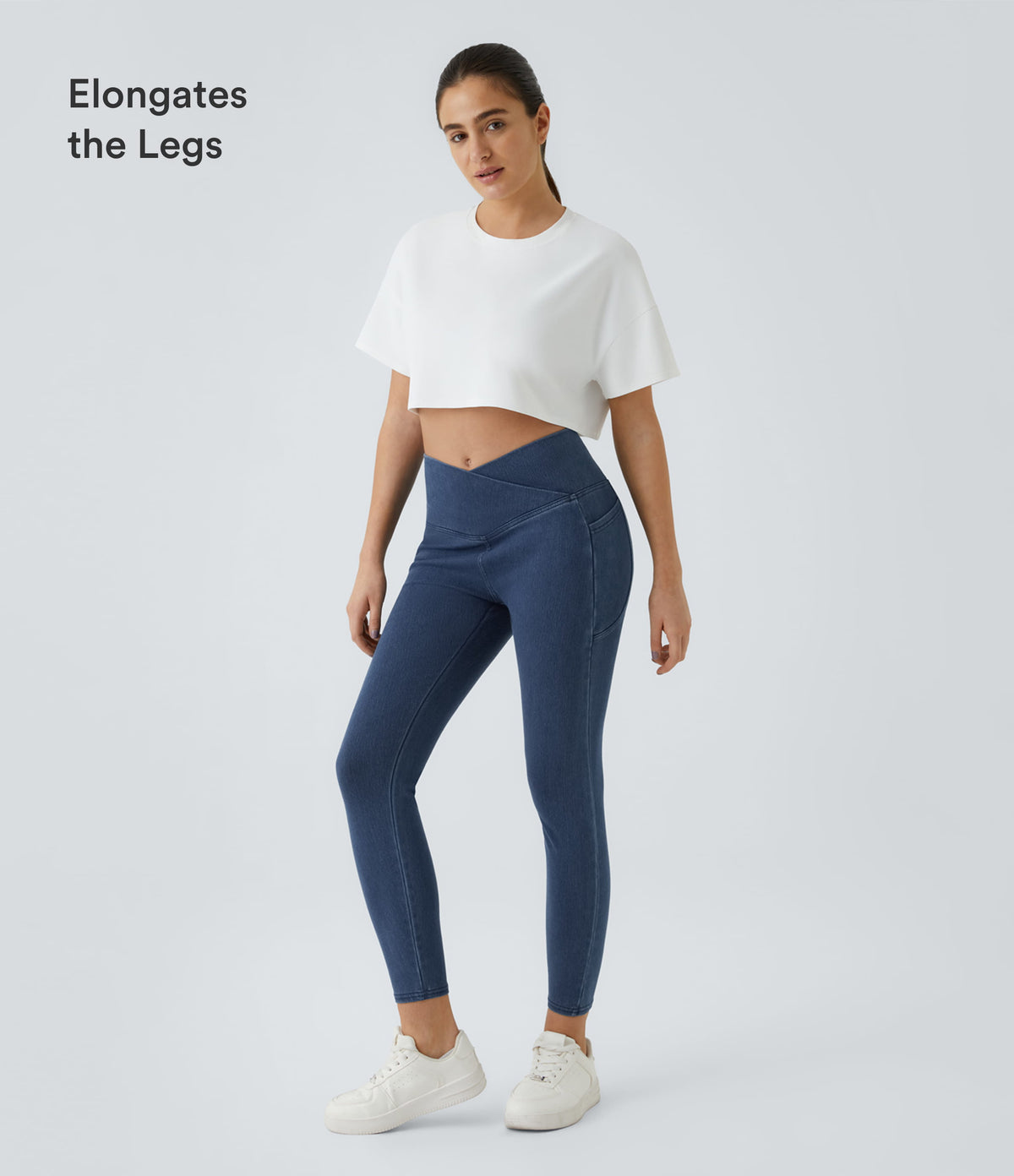 Crossover Pocket Washed Denim Work Leggings — Washed Denim Bleached Blue — view 6