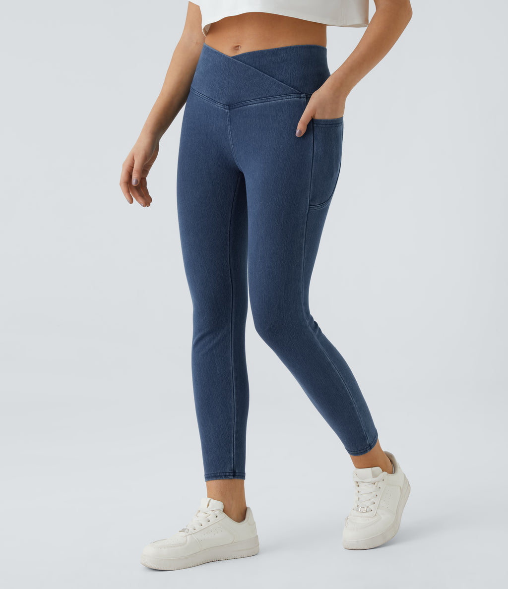 Crossover Pocket Washed Denim Work Leggings — Washed Denim Bleached Blue — view 2