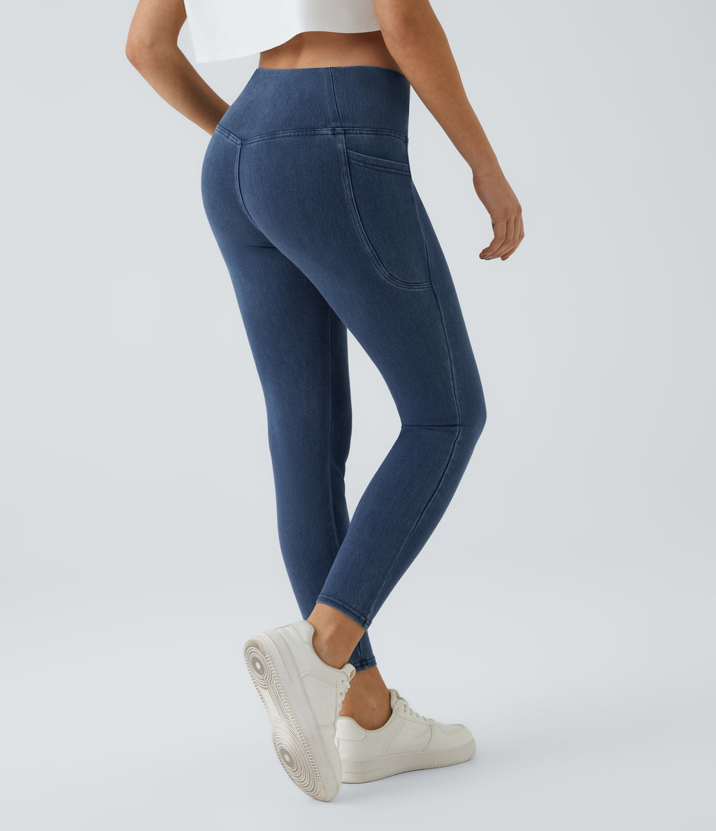 Crossover Pocket Washed Denim Work Leggings — Washed Denim Bleached Blue — view 3
