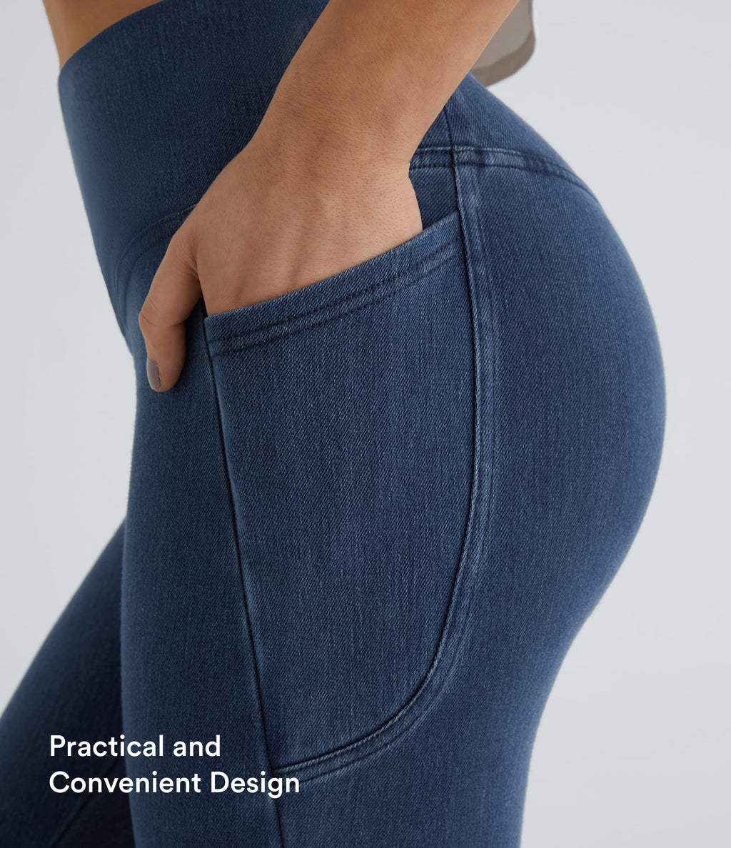 Crossover Pocket Washed Denim Work Leggings — Washed Denim Bleached Blue — view 7
