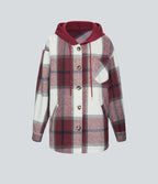Hooded Drawstring Pocket Plaid Thermal Casual Jacket — Wine Red Square — view 8