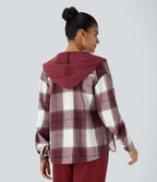Hooded Drawstring Pocket Plaid Thermal Casual Jacket — Wine Red Square — view 2