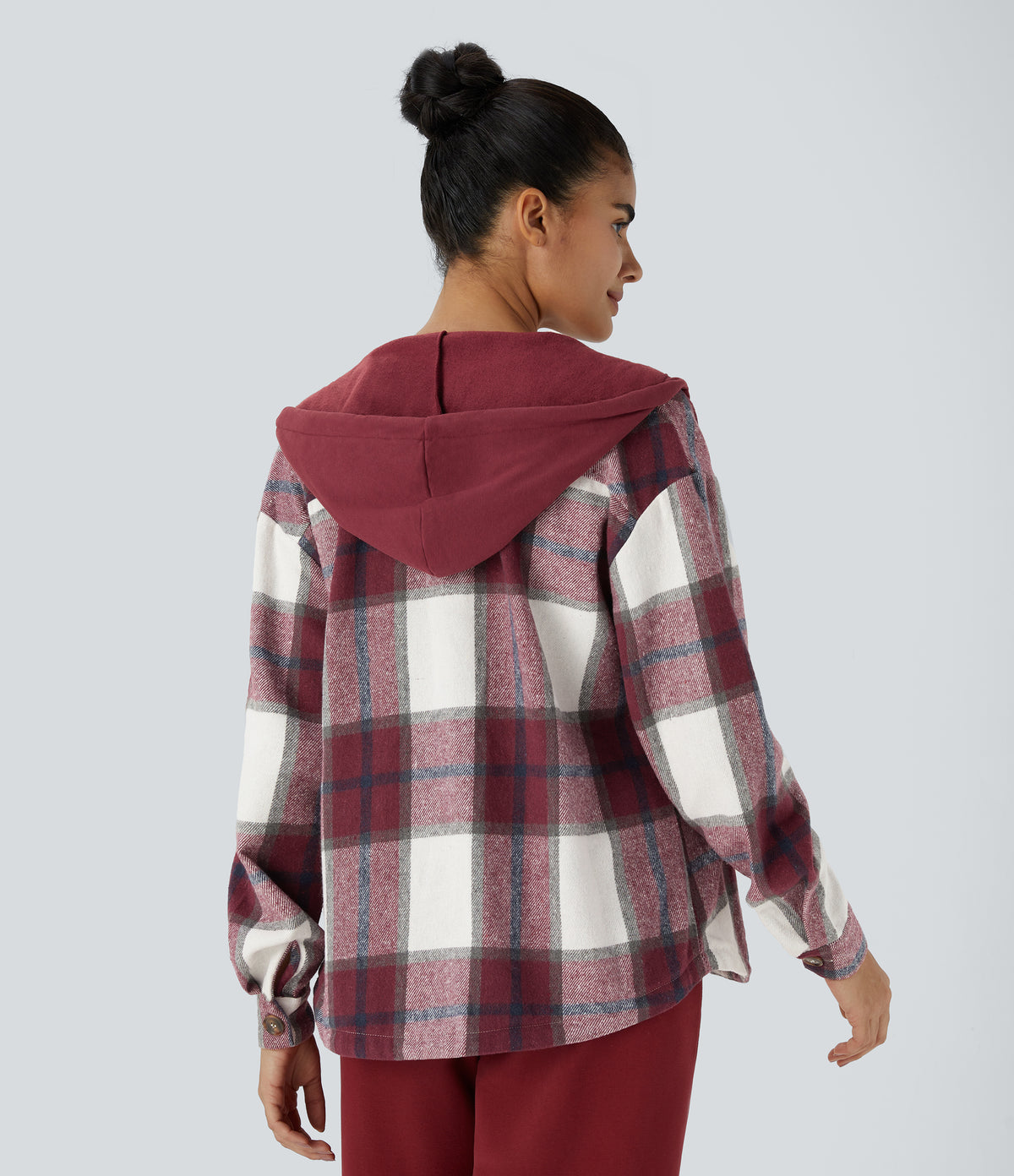Hooded Drawstring Pocket Plaid Thermal Casual Jacket — Wine Red Square — view 2