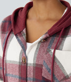 Hooded Drawstring Pocket Plaid Thermal Casual Jacket — Wine Red Square — view 4
