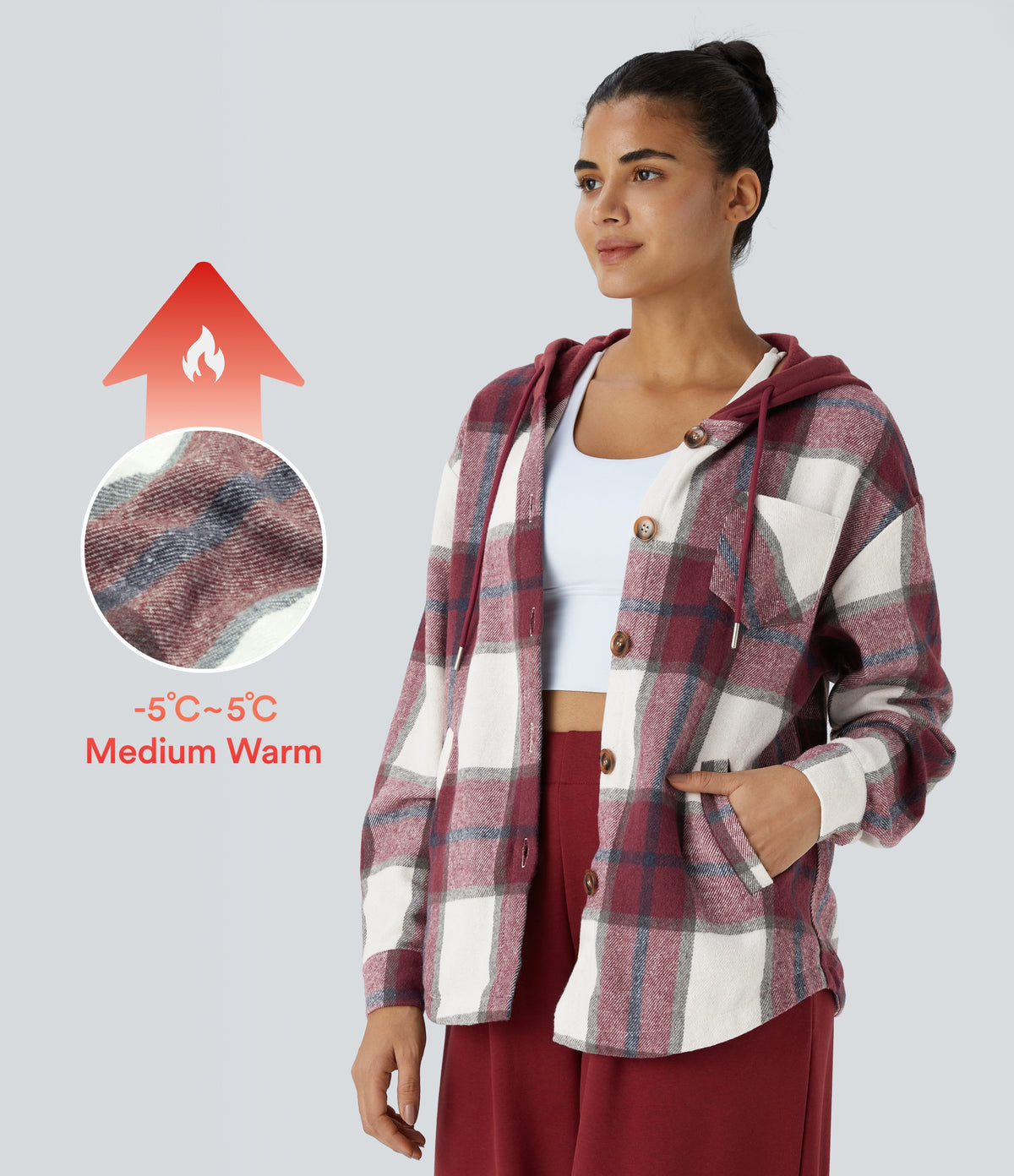 Hooded Drawstring Pocket Plaid Thermal Casual Jacket — Wine Red Square — view 1