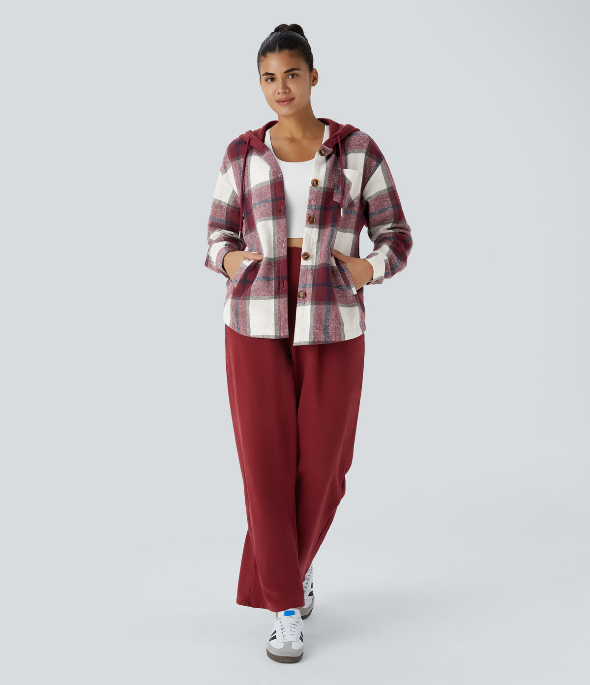 Hooded Drawstring Pocket Plaid Thermal Casual Jacket — Wine Red Square — view 7