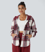Hooded Drawstring Pocket Plaid Thermal Casual Jacket — Wine Red Square — view 3