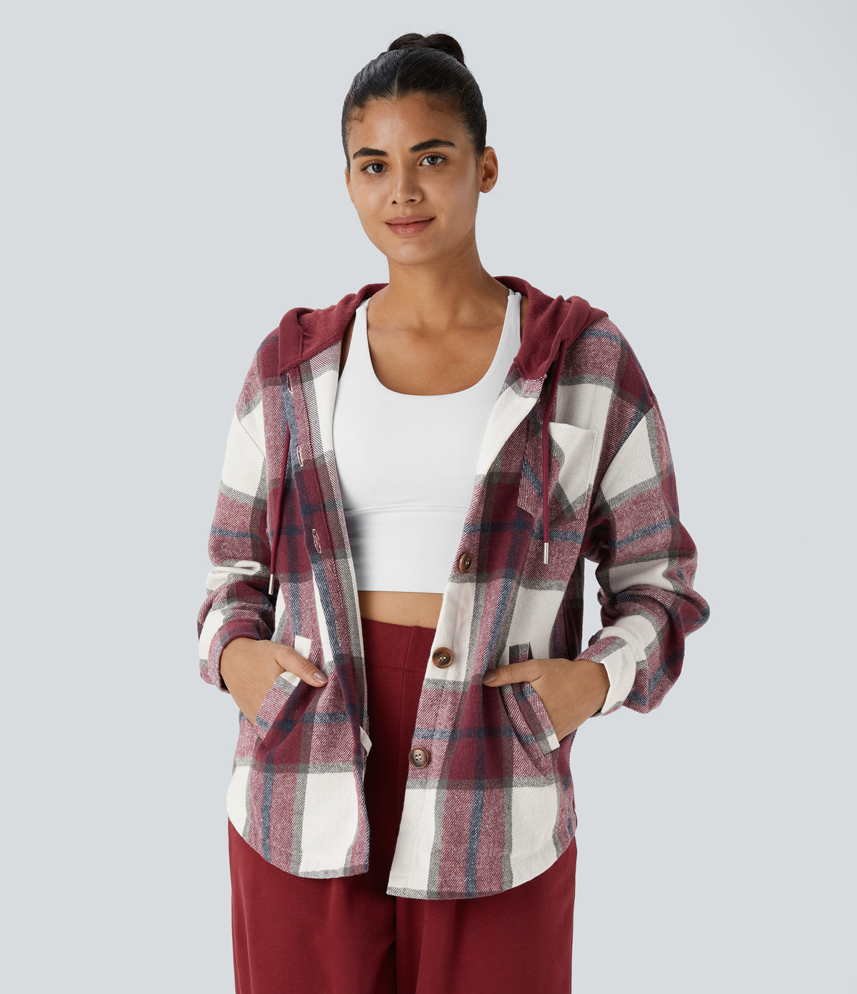 Hooded Drawstring Pocket Plaid Thermal Casual Jacket — Wine Red Square — view 3