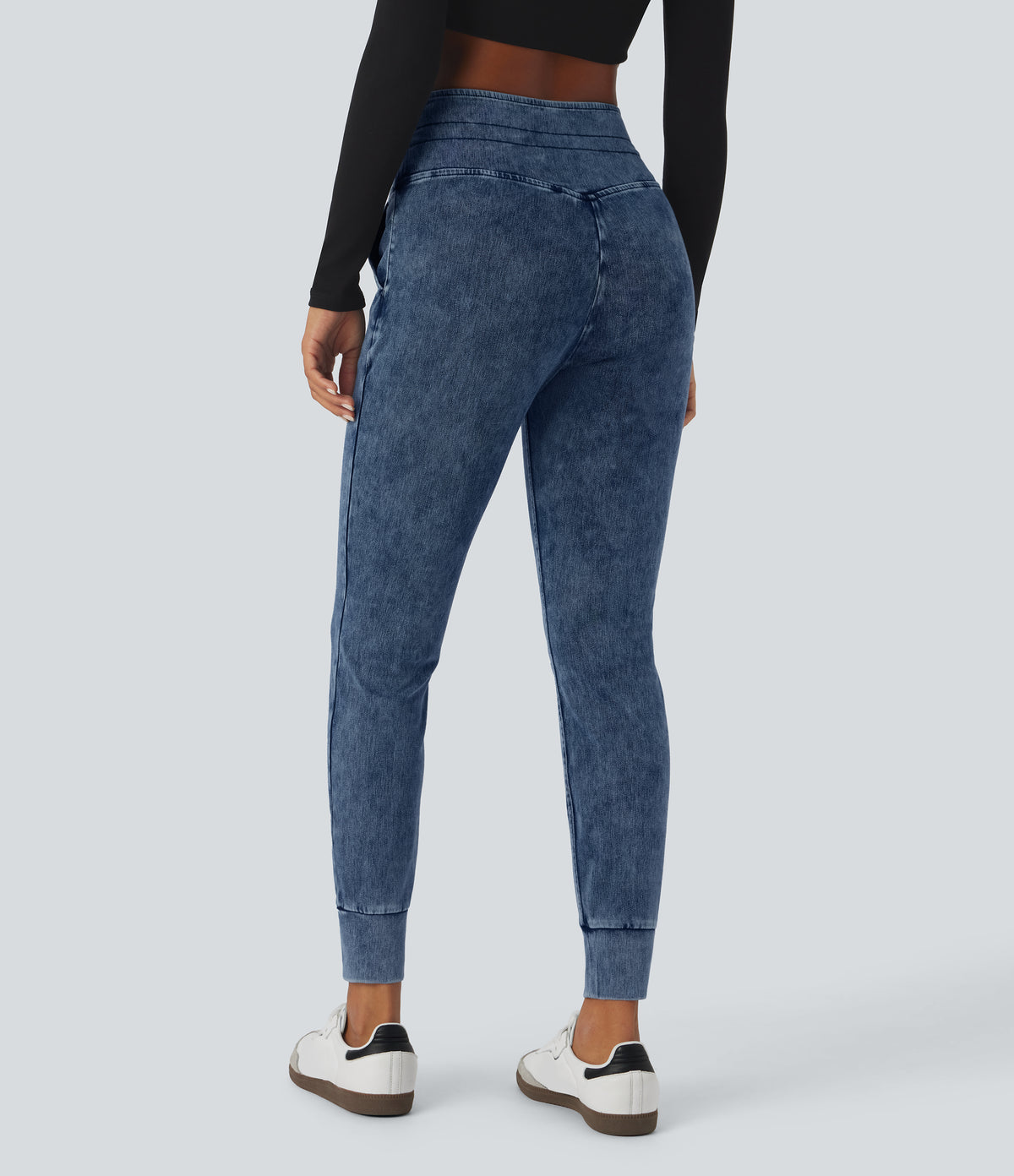 High Waisted Drawstring Pocket Washed Casual Jeans — Washed Denim Bleached Blue — view 2
