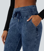 High Waisted Drawstring Pocket Washed Casual Jeans — Washed Denim Bleached Blue — view 4