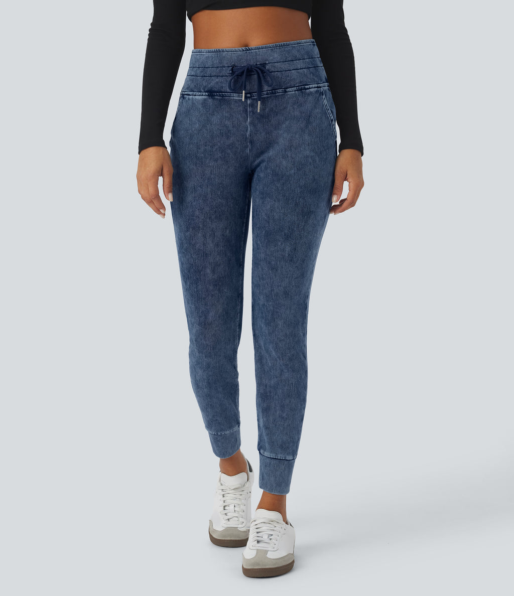 High Waisted Drawstring Pocket Washed Casual Jeans — Washed Denim Bleached Blue — view 3