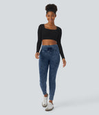 High Waisted Drawstring Pocket Washed Casual Jeans — Washed Denim Bleached Blue — view 6