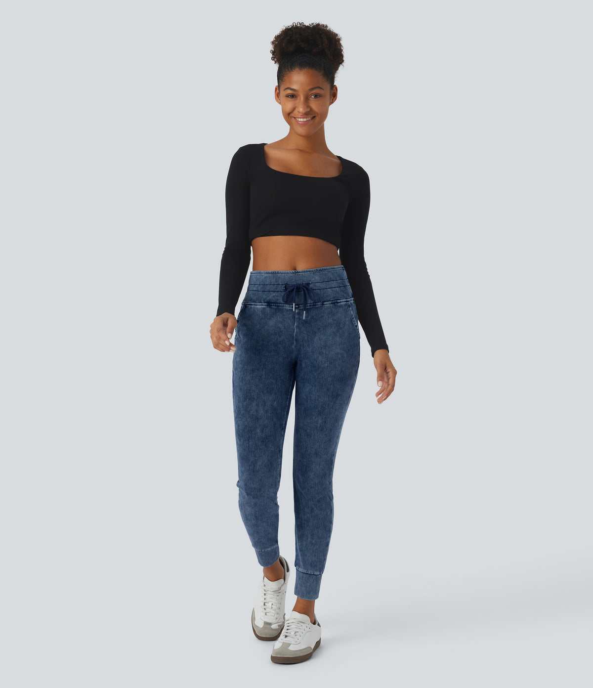 High Waisted Drawstring Pocket Washed Casual Jeans — Washed Denim Bleached Blue — view 6