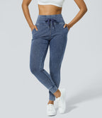 High Waisted Drawstring Pocket Washed Casual Jeans — Washed Denim Navy Blue — view 9