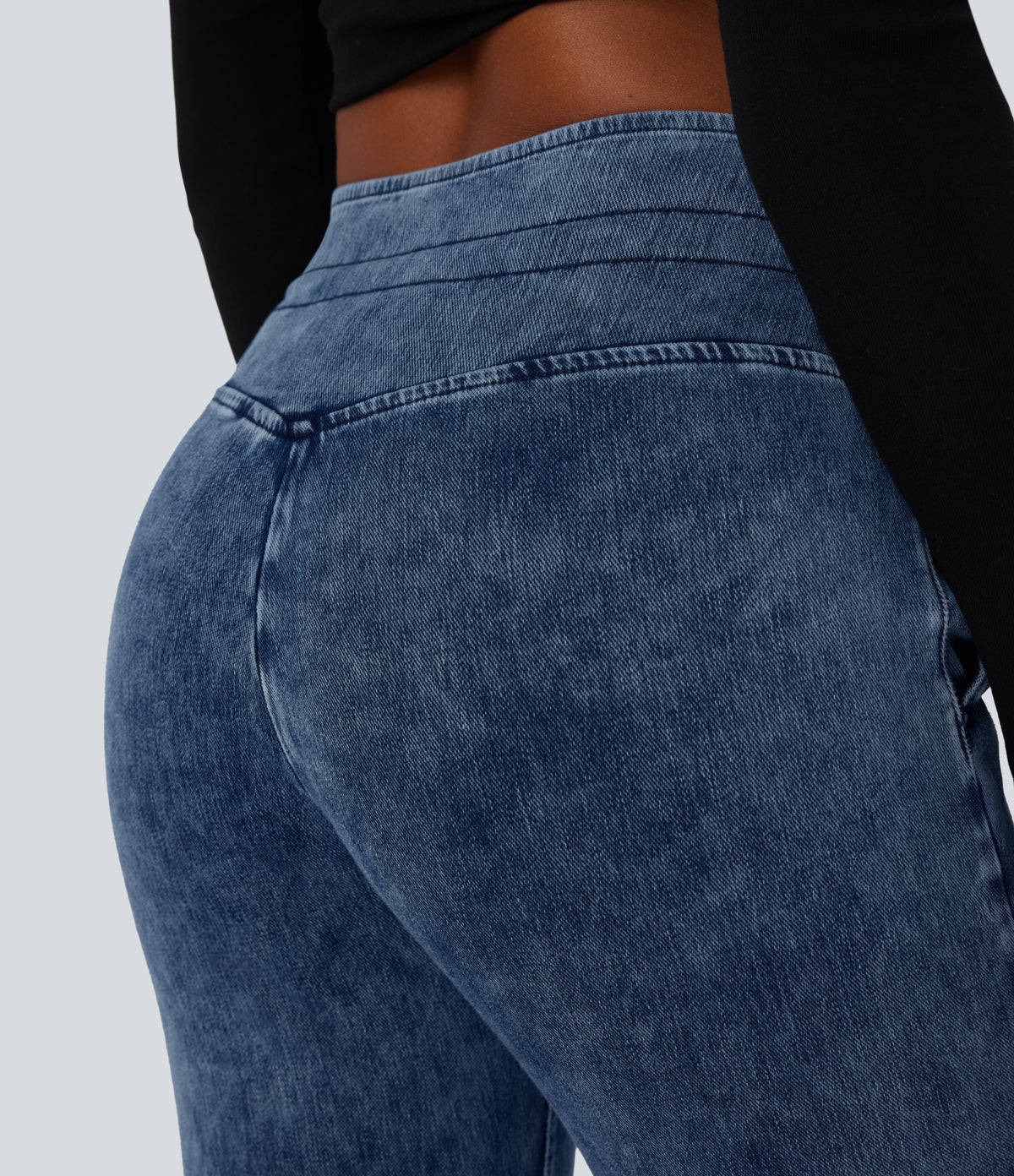 High Waisted Drawstring Pocket Washed Casual Jeans — Washed Denim Bleached Blue — view 5