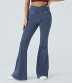 High Waisted Crossover Pocket Washed Casual Jeans — Washed Denim Bleached Blue — view 3