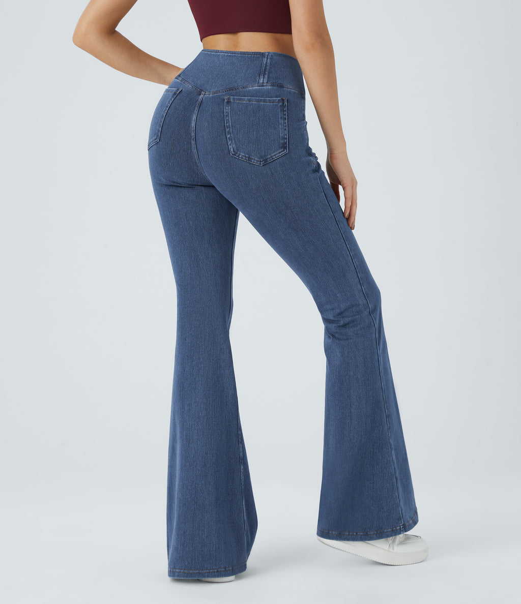 High Waisted Crossover Pocket Washed Casual Jeans — Washed Denim Bleached Blue — view 2